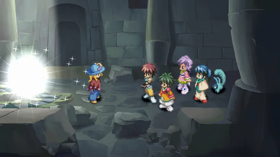 The party encounters a shining event in a dark shrine in Tales of Eternia Remastered